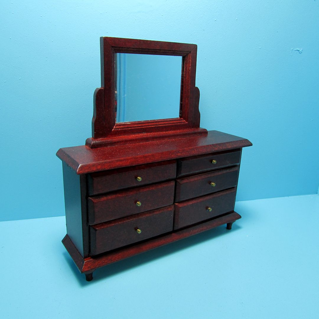 Dollhouse Miniature Wood Bedroom Dresser With Attached Mirror In