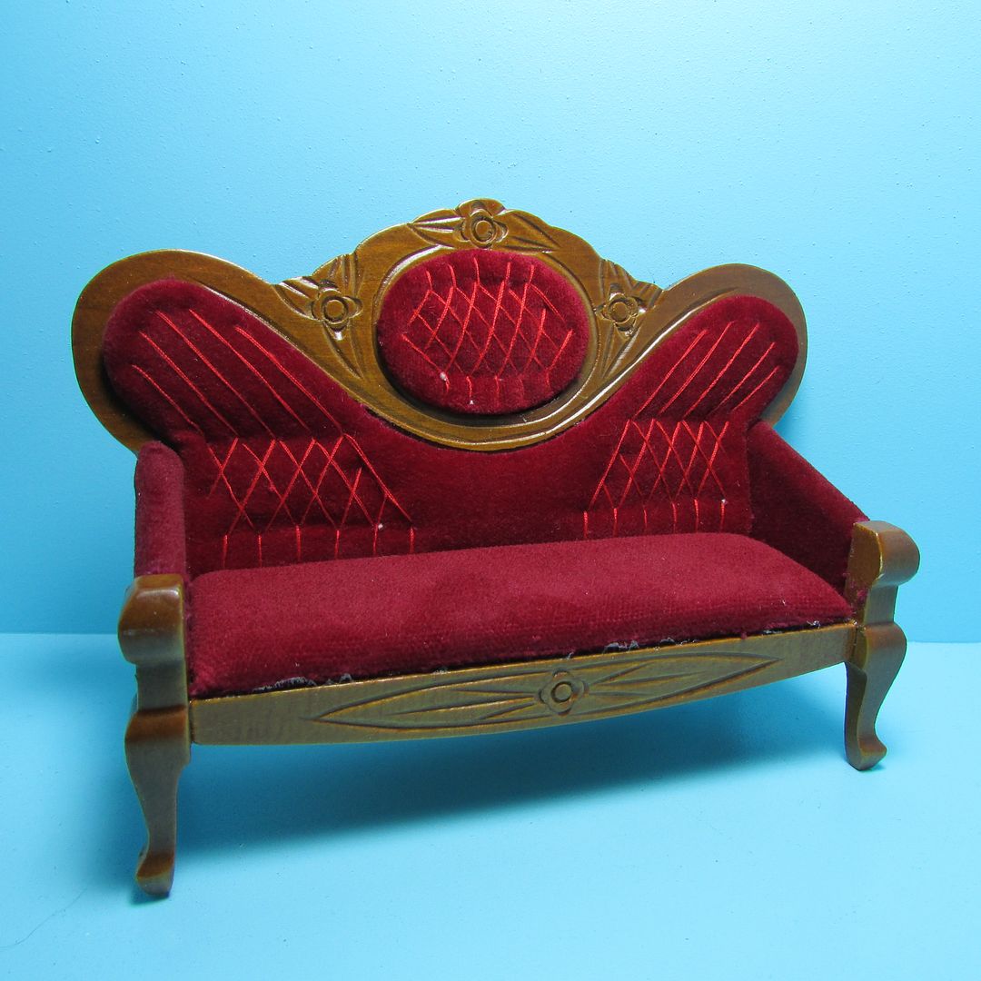 Dollhouse Miniature Victorian Couch Red Velour Fabric And Walnut