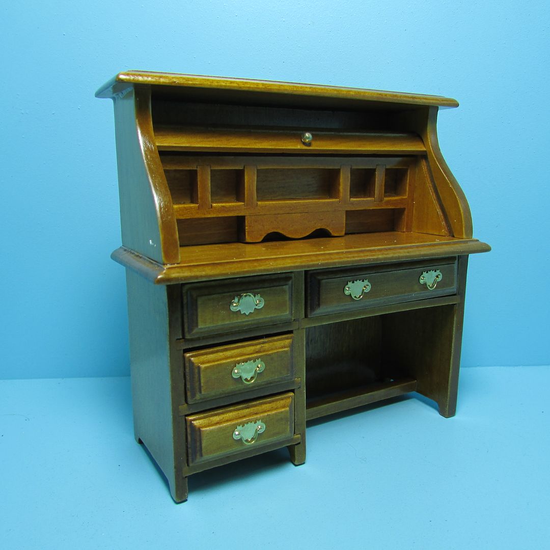 Dollhouse Miniature Wood Roll Top Office Study Desk In Walnut
