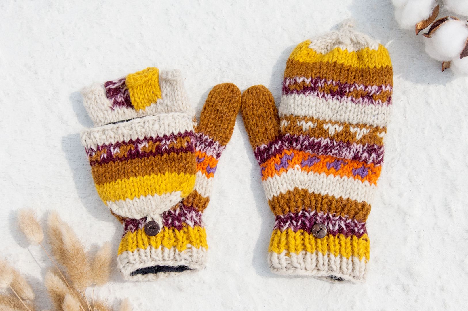 Hand-knitted pure wool knit gloves / detachable gloves / inner bristled gloves / warm gloves - Sala Desert - Gloves & Mittens - Wool Multicolor
