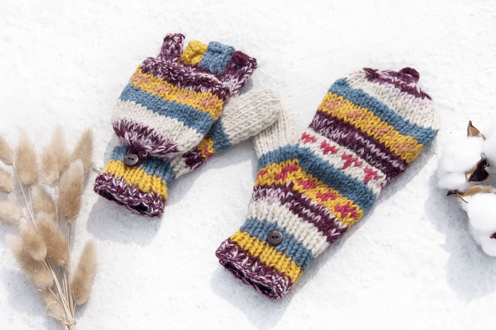 Hand-knitted pure wool knit gloves / detachable gloves / inner bristled gloves / warm gloves - mango grape - Gloves & Mittens - Wool Multicolor