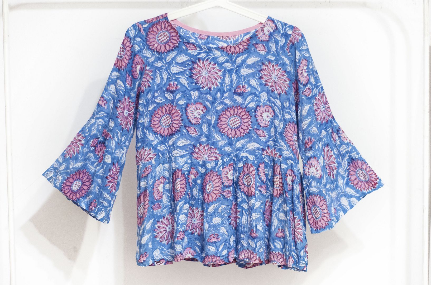 Woodcut printed cotton top / Indian cotton top / blockprint wide version puff sleeve top - flower vine - Women's Tops - Cotton & Hemp Blue
