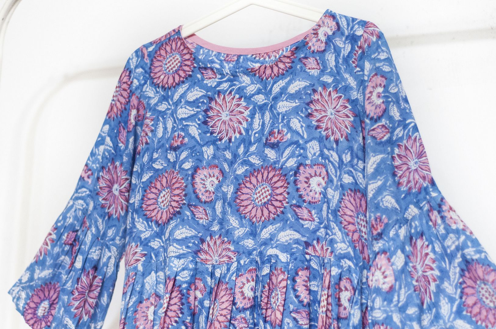 Woodcut printed cotton top / Indian cotton top / blockprint wide version puff sleeve top - flower vine - Women's Tops - Cotton & Hemp Blue