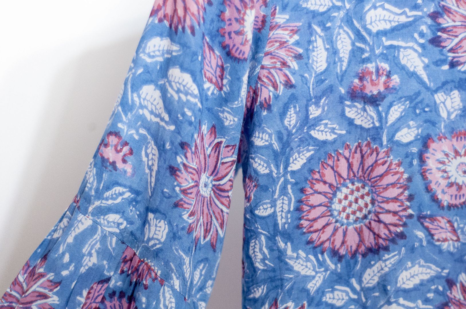 Woodcut printed cotton top / Indian cotton top / blockprint wide version puff sleeve top - flower vine - Women's Tops - Cotton & Hemp Blue
