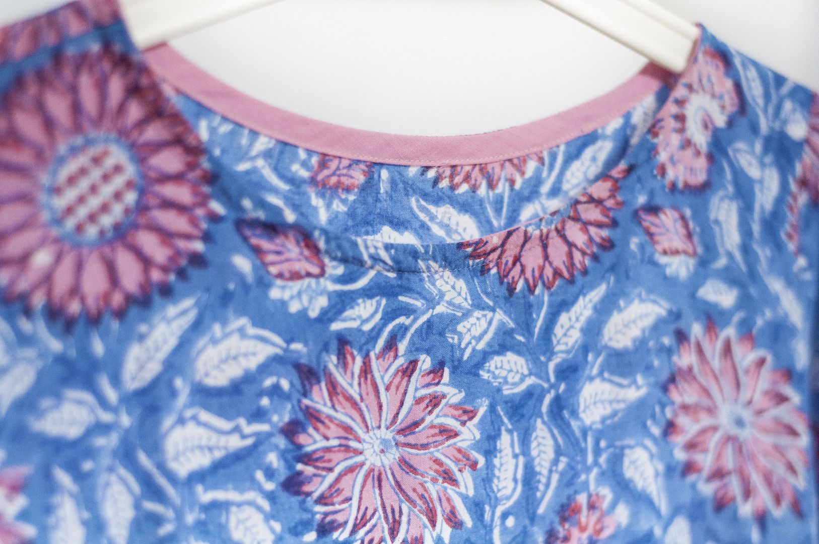 Woodcut printed cotton top / Indian cotton top / blockprint wide version puff sleeve top - flower vine - Women's Tops - Cotton & Hemp Blue