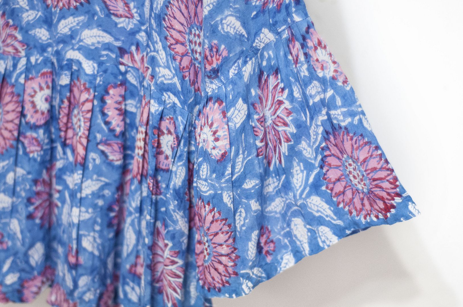 Woodcut printed cotton top / Indian cotton top / blockprint wide version puff sleeve top - flower vine - Women's Tops - Cotton & Hemp Blue