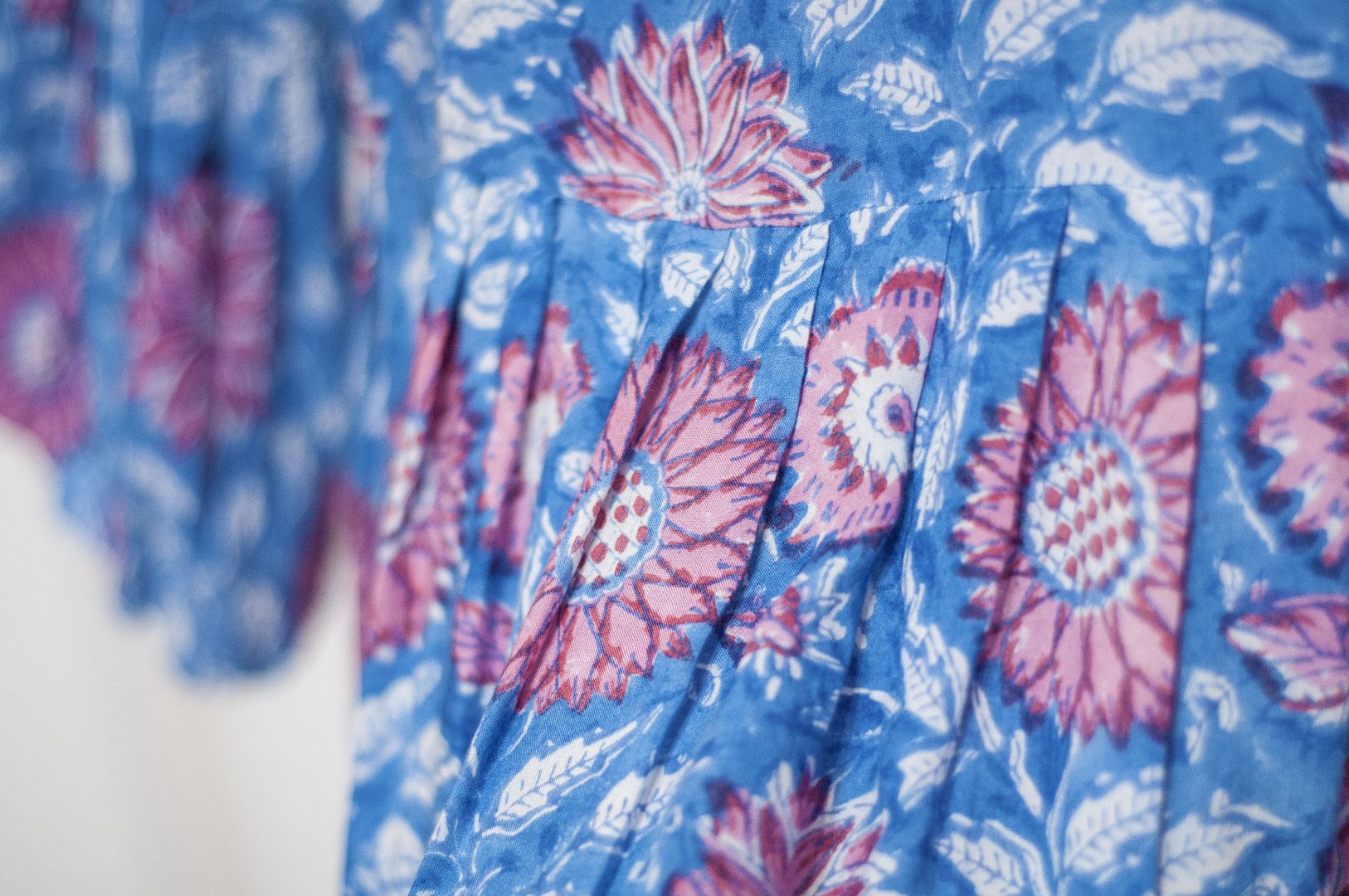 Woodcut printed cotton top / Indian cotton top / blockprint wide version puff sleeve top - flower vine - Women's Tops - Cotton & Hemp Blue