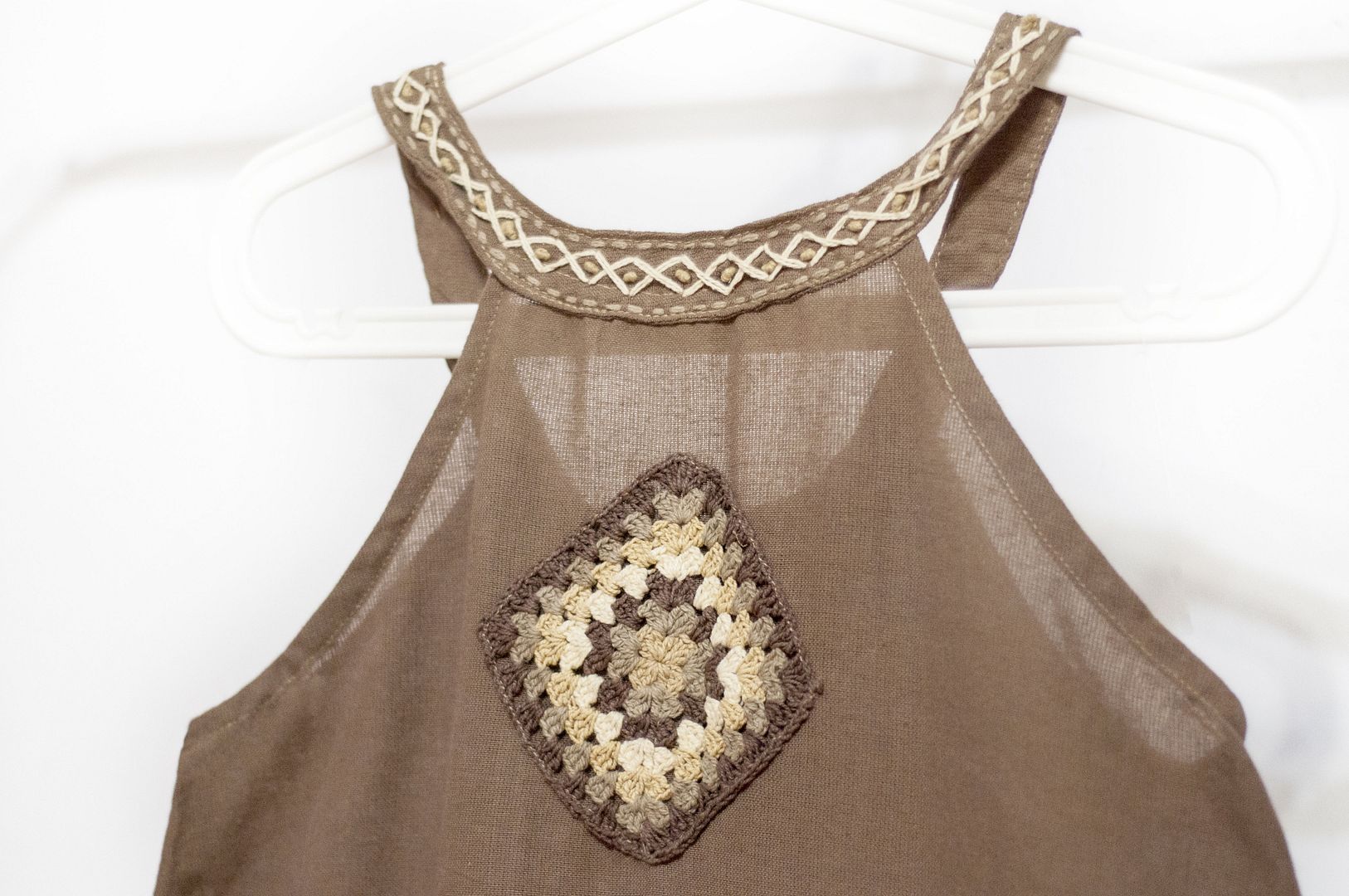 夏のかぎ針編みの綿と麻のドレス/エスニック風のドレス/フラワードレス/手刺繍のドレス - かぎ針編みのドレス - ワンピース - コットン・麻 ブラウン