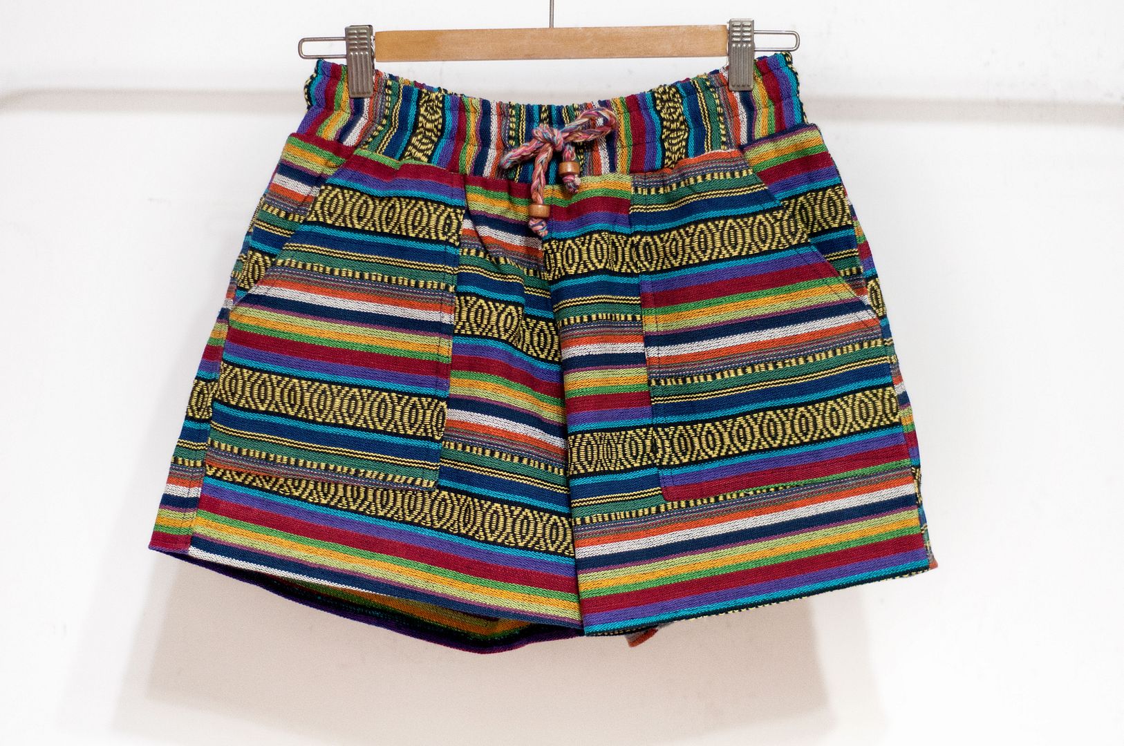 Women's ethnic style knitted shorts stitching cotton knitted shorts-tropical forest rainbow contrast color in South America - Women's Shorts - Cotton & Hemp Multicolor