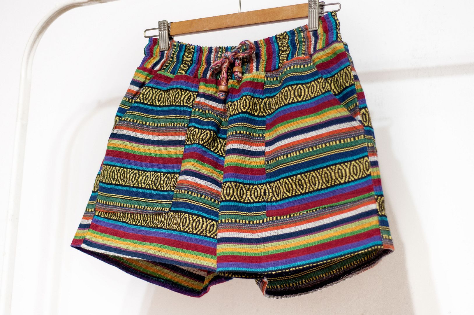 Women's ethnic style knitted shorts stitching cotton knitted shorts-tropical forest rainbow contrast color in South America - Women's Shorts - Cotton & Hemp Multicolor