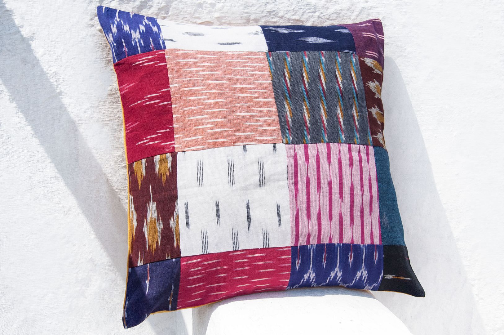 Handmade ikat cuddle pillowcase, cotton cuddle pillowcase, hand-printed cuddle pillowcase-ikat patchwork striped rainbow - Pillows & Cushions - Cotton & Hemp Multicolor