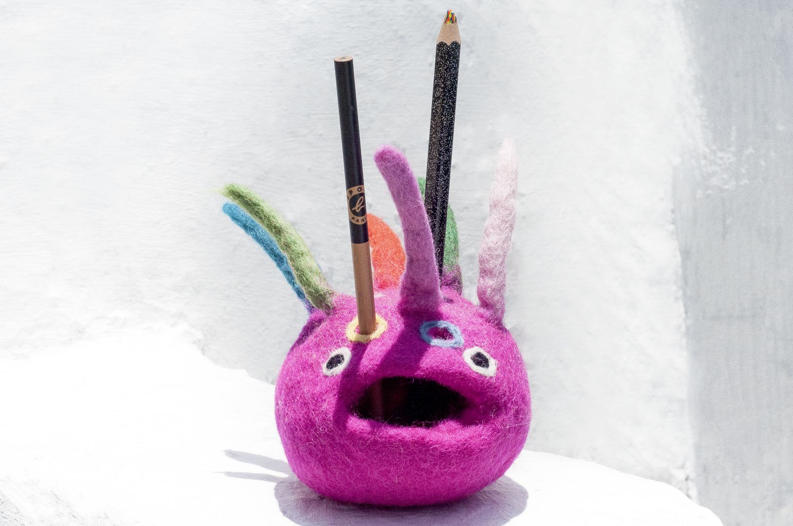 Handmade wool felt pen holder / stationery / pen holder / color wool felt pen holder - monster pen holder pink business card holder - Pen & Pencil Holders - Wool Multicolor