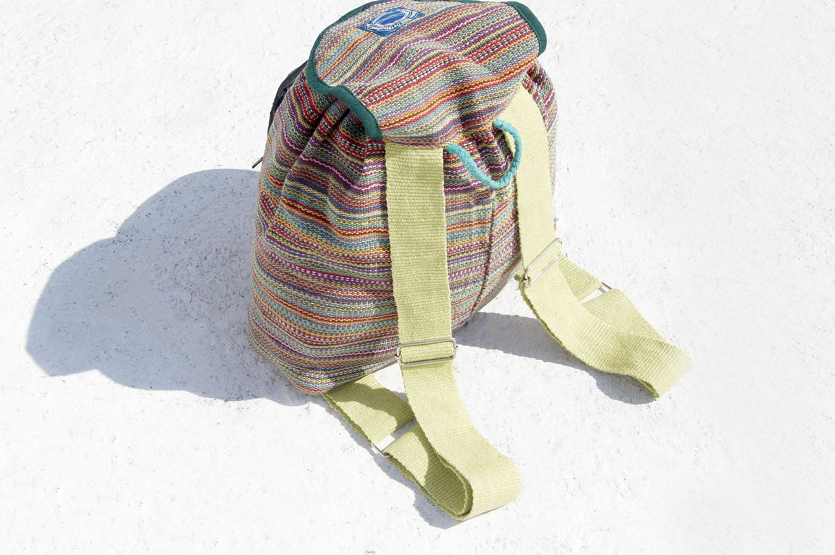 Natural Hand Woven Rainbow Colorful Canvas School Bag / Backpack / Backpack / Shoulder Bag-Emerald Green Tea - Backpacks - Cotton & Hemp Multicolor