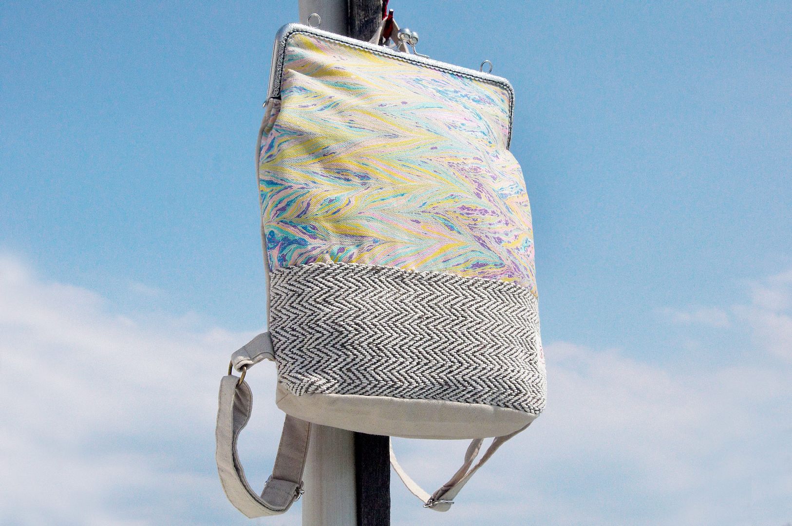 After opening the gold handmade patchwork bag backpack shoulder bag travel bag - rainbow color watercolor canvas hand-dyed cotton Linen - Backpacks - Cotton & Hemp Multicolor