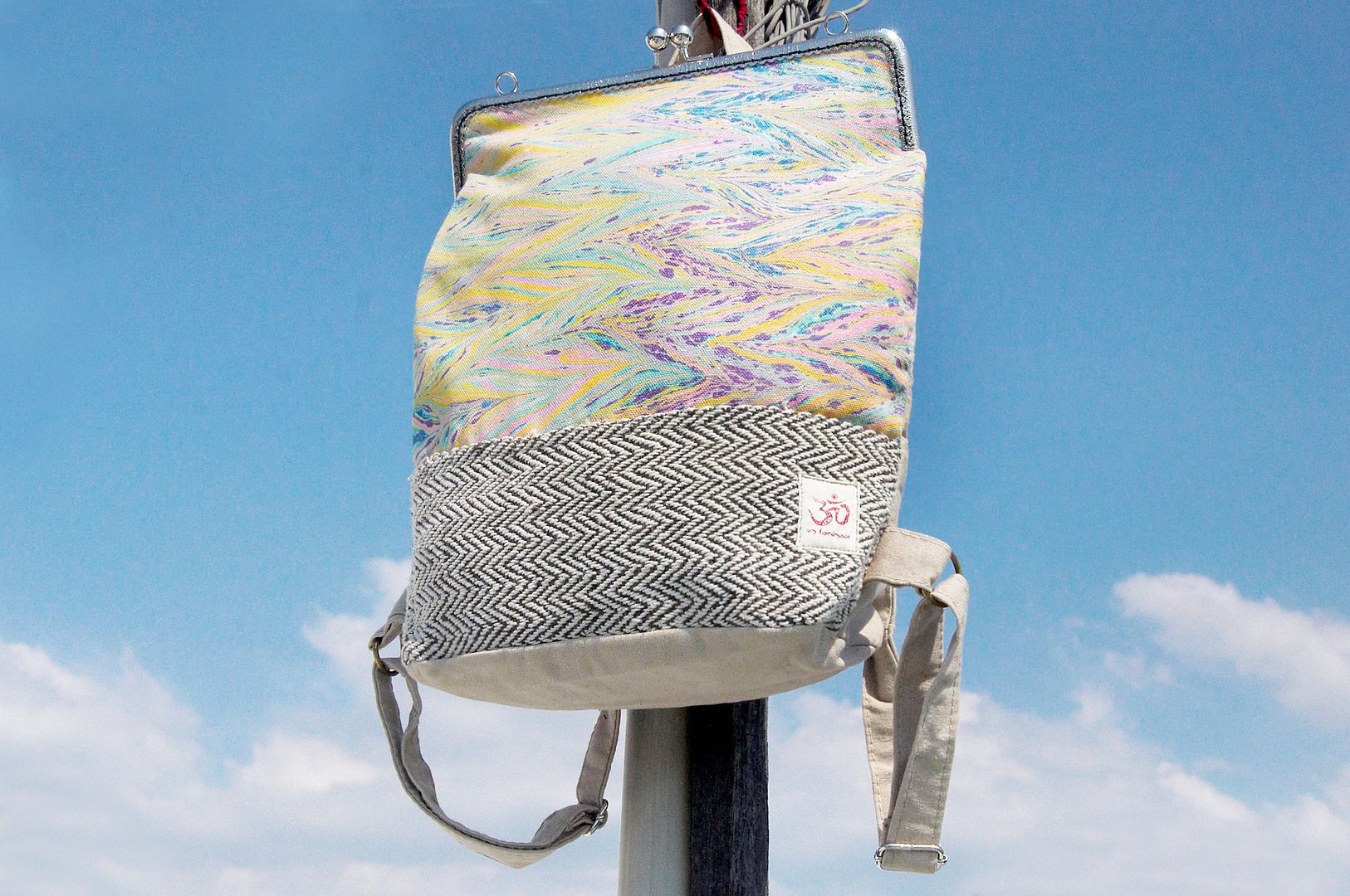 After opening the gold handmade patchwork bag backpack shoulder bag travel bag - rainbow color watercolor canvas hand-dyed cotton Linen - Backpacks - Cotton & Hemp Multicolor