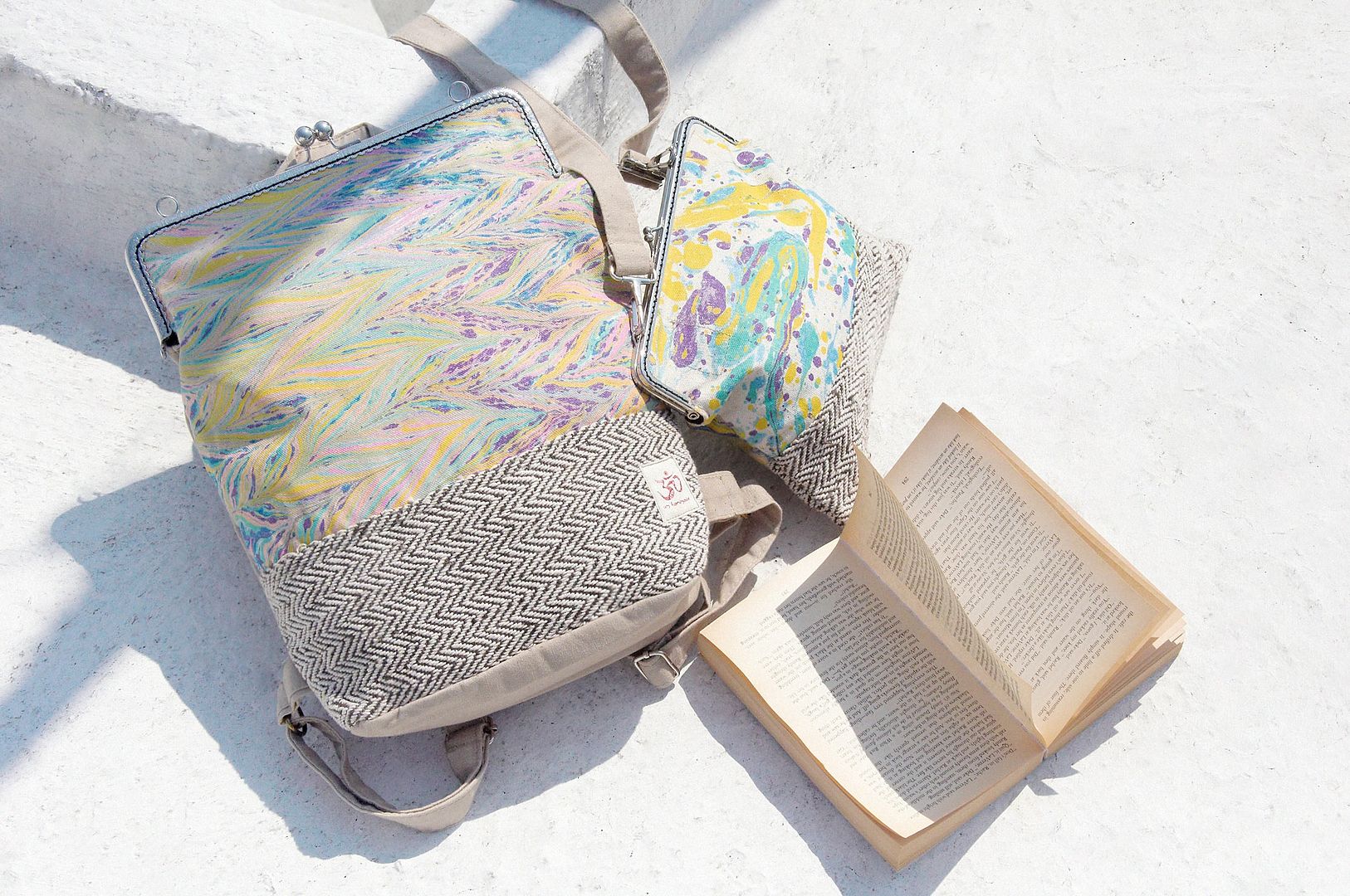 After opening the gold handmade patchwork bag backpack shoulder bag travel bag - rainbow color watercolor canvas hand-dyed cotton Linen - Backpacks - Cotton & Hemp Multicolor