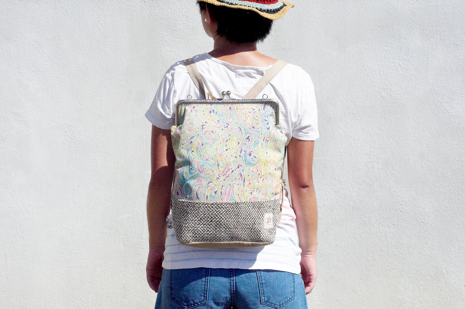 After opening the gold handmade patchwork bag backpack shoulder bag travel bag - rainbow color watercolor canvas hand-dyed cotton Linen - Backpacks - Cotton & Hemp Multicolor