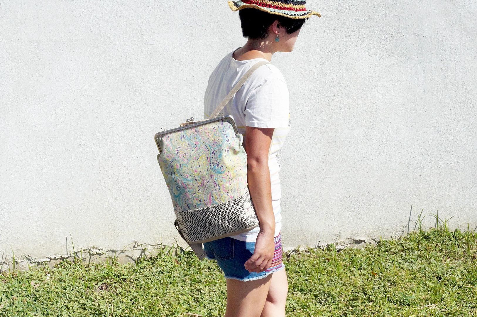 After opening the gold handmade patchwork bag backpack shoulder bag travel bag - rainbow color watercolor canvas hand-dyed cotton Linen - Backpacks - Cotton & Hemp Multicolor
