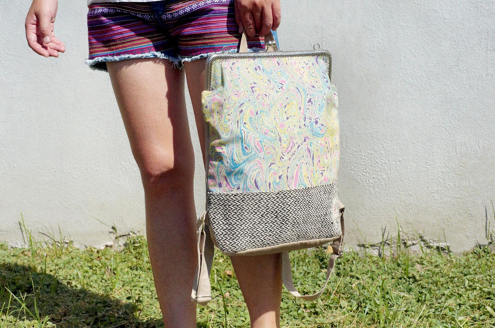 After opening the gold handmade patchwork bag backpack shoulder bag travel bag - rainbow color watercolor canvas hand-dyed cotton Linen - Backpacks - Cotton & Hemp Multicolor