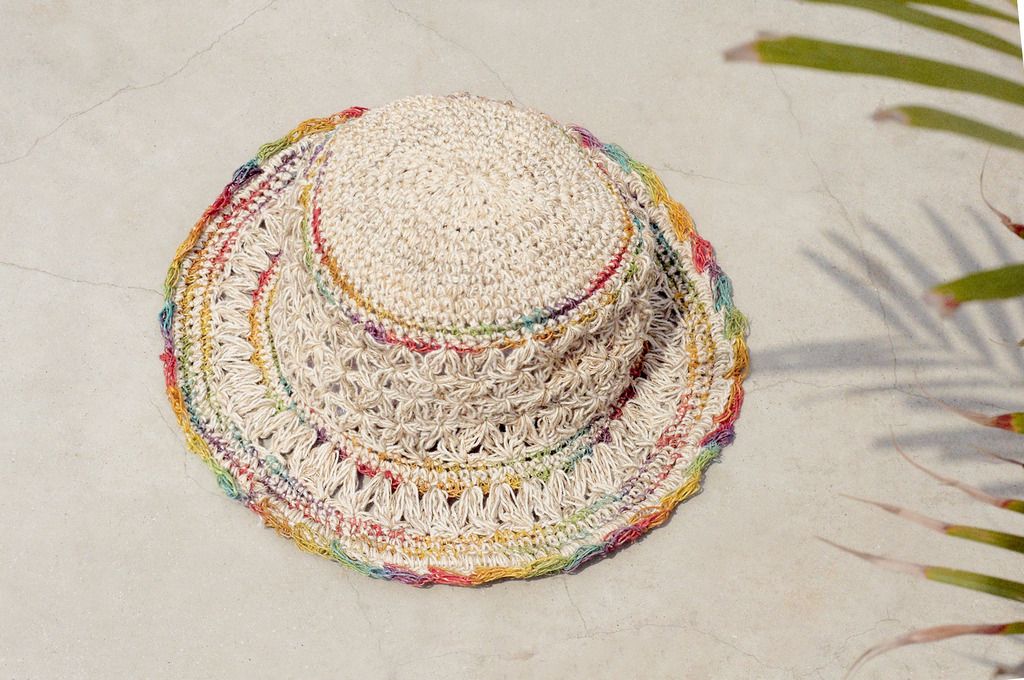 Valentine's Day gift limited to a hand-woven cotton / cotton hat / hat / fisherman hat / straw hat / straw hat - a rainbow in the heart - Hats & Caps - Cotton & Hemp Multicolor