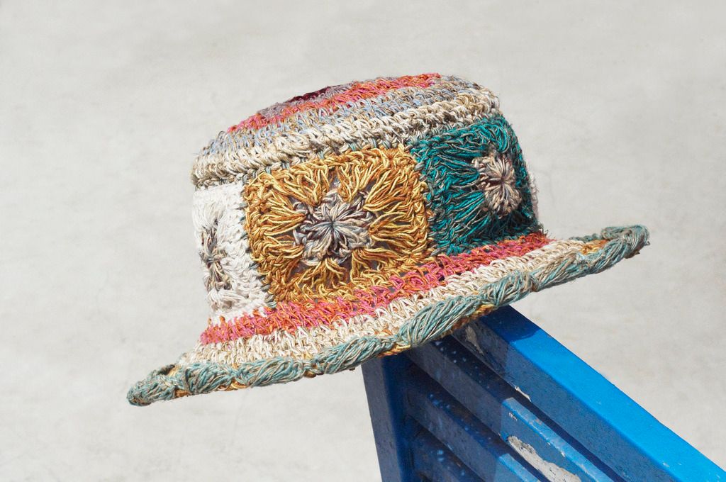 Limited edition handmade knitted cotton hood / weaving hat / fisherman hat / straw hat / sun hat / hook hat - South American wind tropical forest flower weaving - Hats & Caps - Cotton & Hemp Multicolor