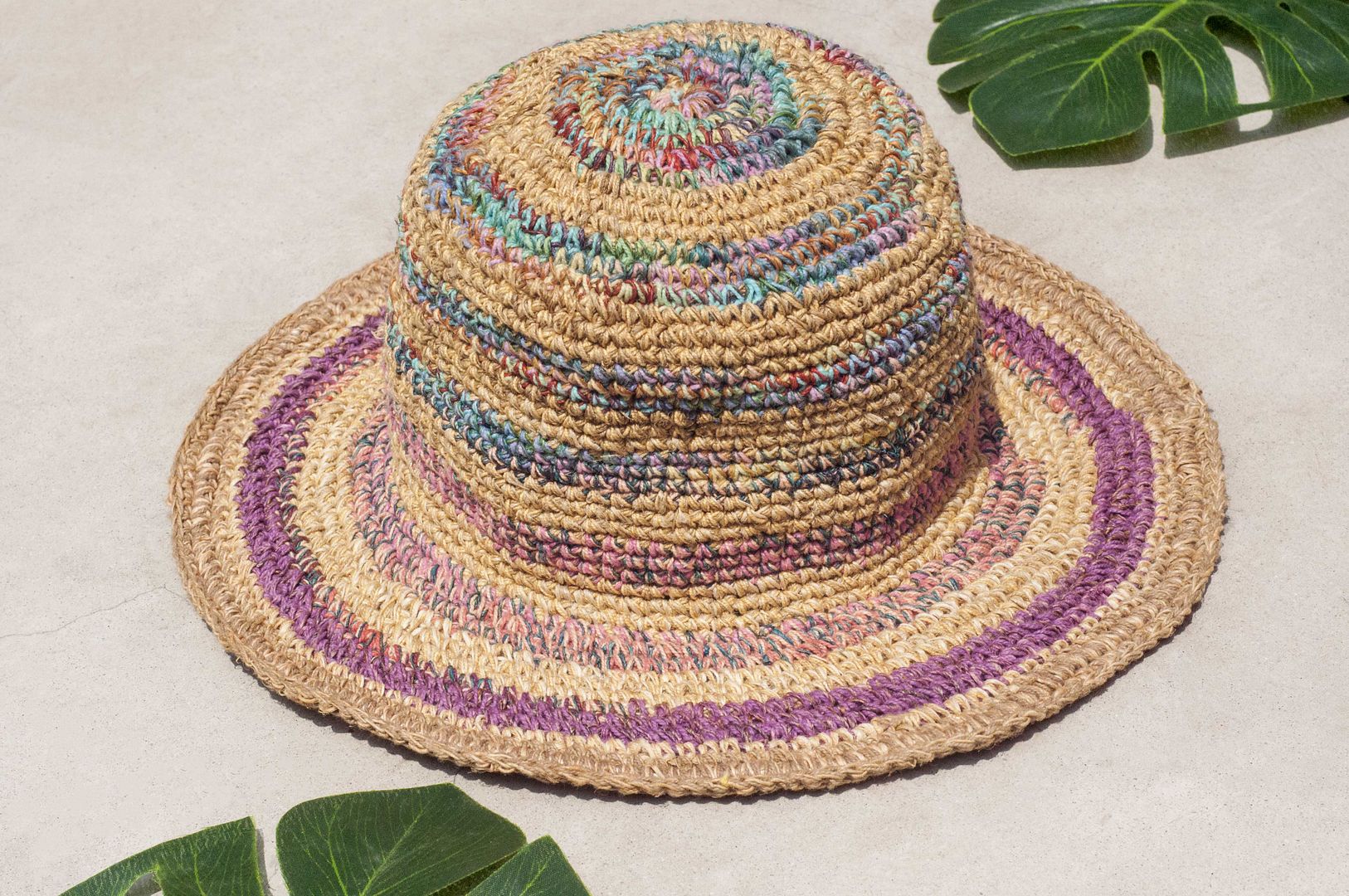 Hand-woven cotton Linen hat knit cap hat sun hat straw hat - French macarons candy gradient - Hats & Caps - Cotton & Hemp Multicolor