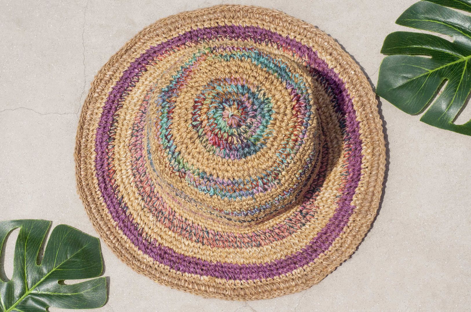 Hand-woven cotton Linen hat knit cap hat sun hat straw hat - French macarons candy gradient - Hats & Caps - Cotton & Hemp Multicolor