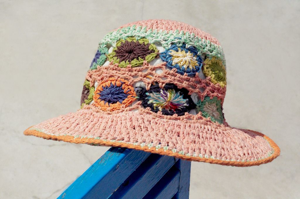 Valentine's Day gift a limited edition of hand-woven cotton Linen cap / knit cap / hat / straw hat / visor / crocheted hat - pink flowers woven Forest - Hats & Caps - Cotton & Hemp Pink