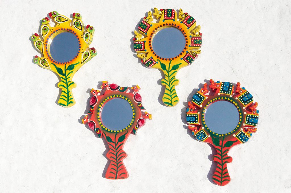 Handmade wood painted hand mirror/hand-painted style portable mirror/animal portable mirror-elephant, parrot, peacock - Makeup Brushes - Wood Multicolor
