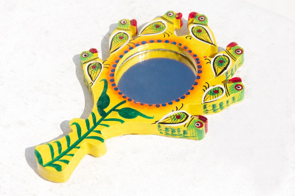 Handmade wood painted hand mirror/hand-painted style portable mirror/animal portable mirror-elephant, parrot, peacock - Makeup Brushes - Wood Multicolor