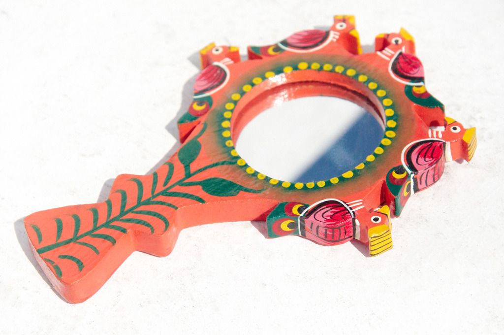 Handmade wood painted hand mirror/hand-painted style portable mirror/animal portable mirror-elephant, parrot, peacock - Makeup Brushes - Wood Multicolor
