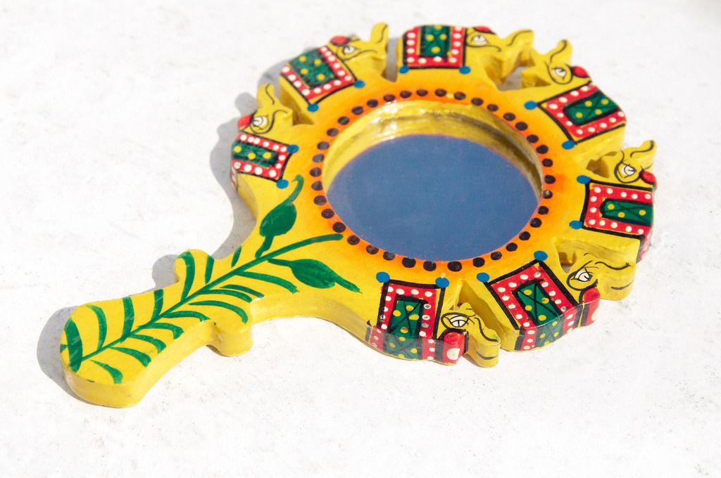 Handmade wood painted hand mirror/hand-painted style portable mirror/animal portable mirror-elephant, parrot, peacock - Makeup Brushes - Wood Multicolor