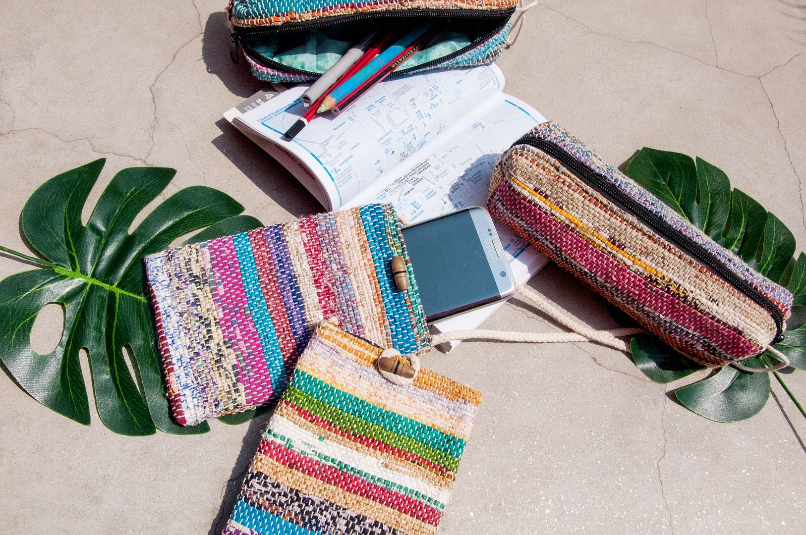 Hand-woven saree line mobile phone bag/mobile phone case/shoulder bag/ leisure card case/travel bag-watercolor stripes - Phone Cases - Cotton & Hemp Multicolor