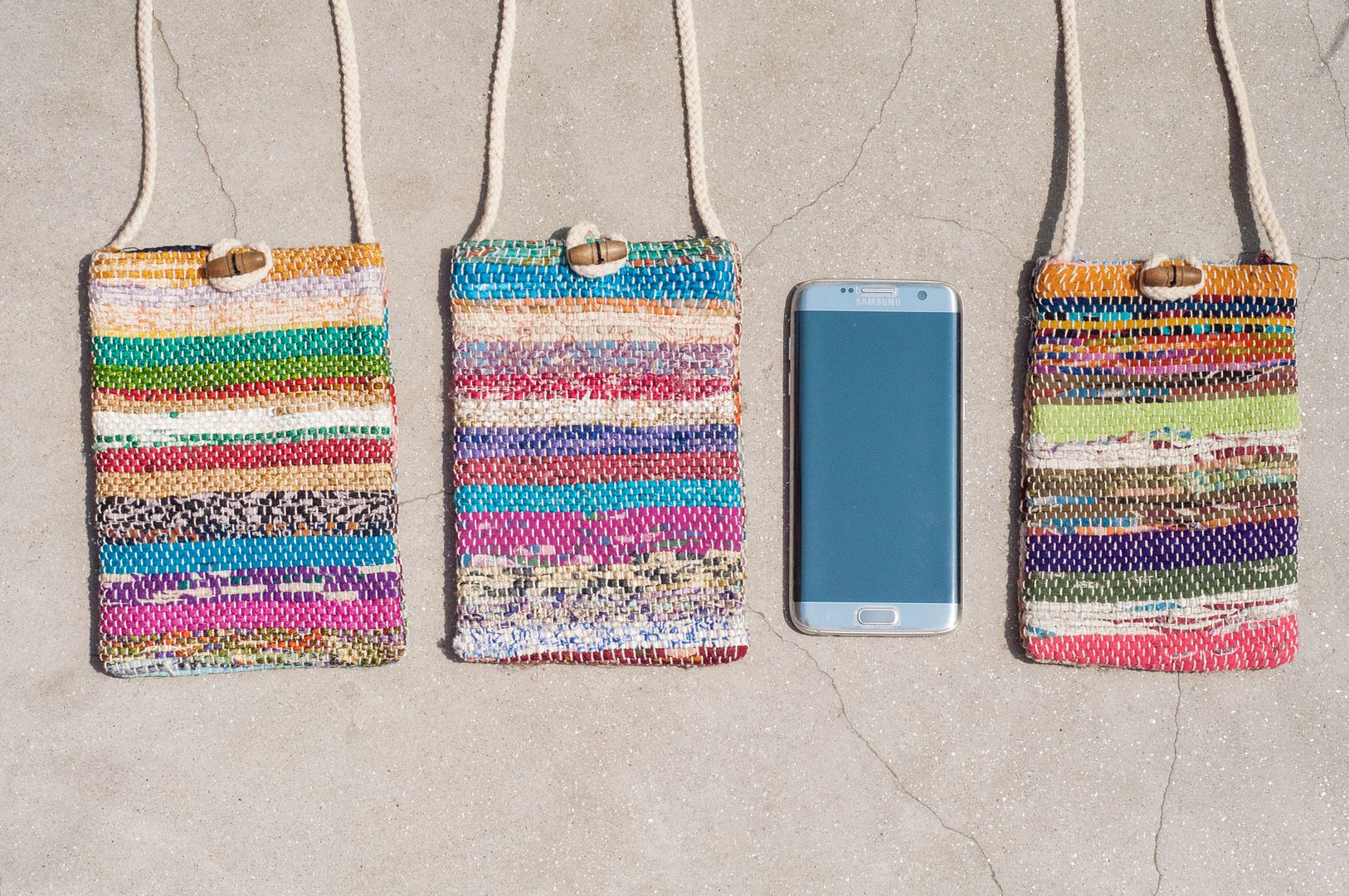 Hand-woven saree line mobile phone bag/mobile phone case/shoulder bag/ leisure card case/travel bag-watercolor stripes - Phone Cases - Cotton & Hemp Multicolor