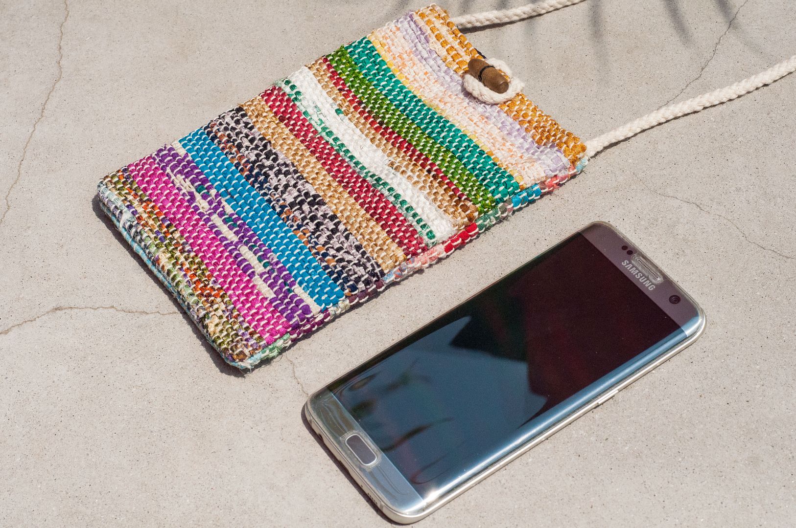Hand-woven saree line mobile phone bag/mobile phone case/shoulder bag/ leisure card case/travel bag-watercolor stripes - Phone Cases - Cotton & Hemp Multicolor