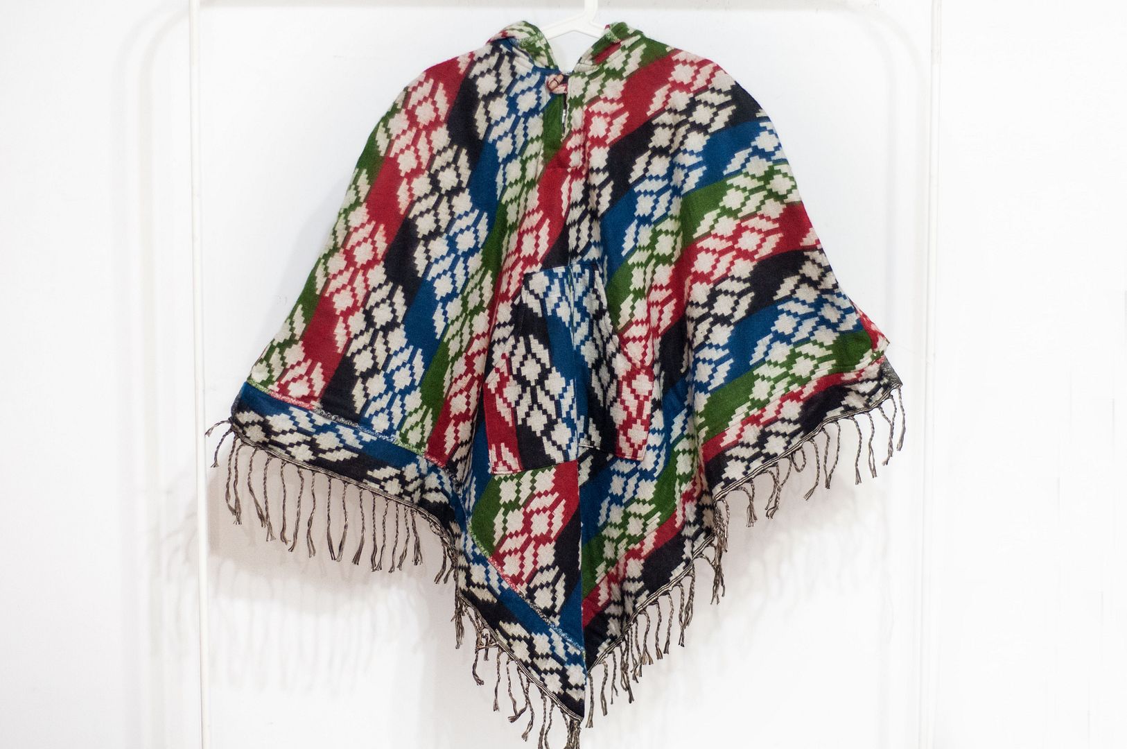 Indian ethnic tassel cape / bohemian cape shawl / wool hooded cape-geometric color blocks - Knit Scarves & Wraps - Wool Multicolor