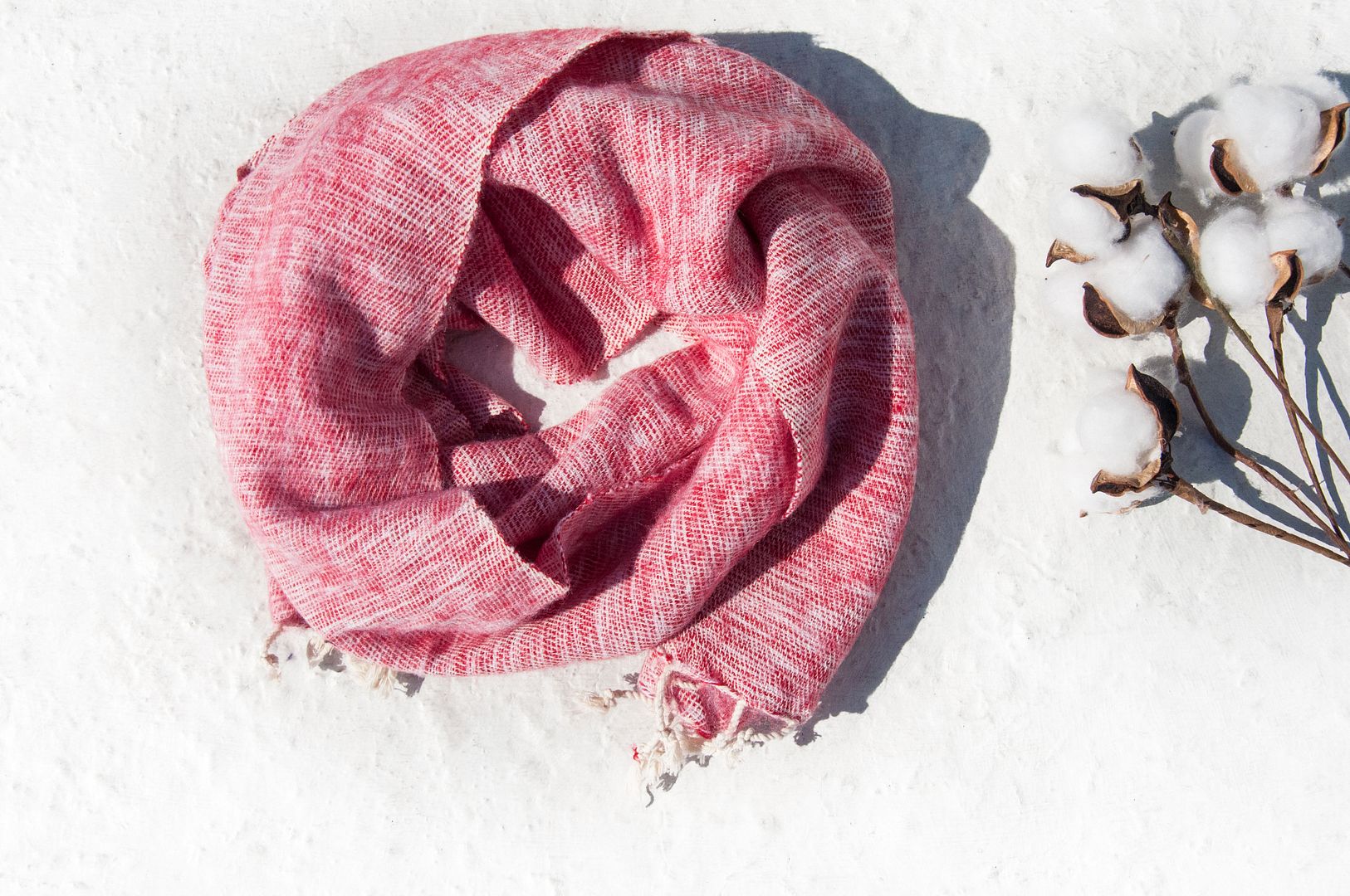 Exchange Gift Pure Wool Scarf / Hand Knit Scarf / Woven Scarf / Pure Wool Scarf - Strawberry Shake - Knit Scarves & Wraps - Wool Red