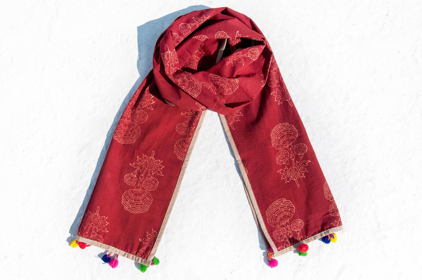 Hand-woven pure silk scarves / handmade wood engraved plant dyed scarves / grass dyed cotton scarves - desert romantic flowers - Scarves - Cotton & Hemp Red
