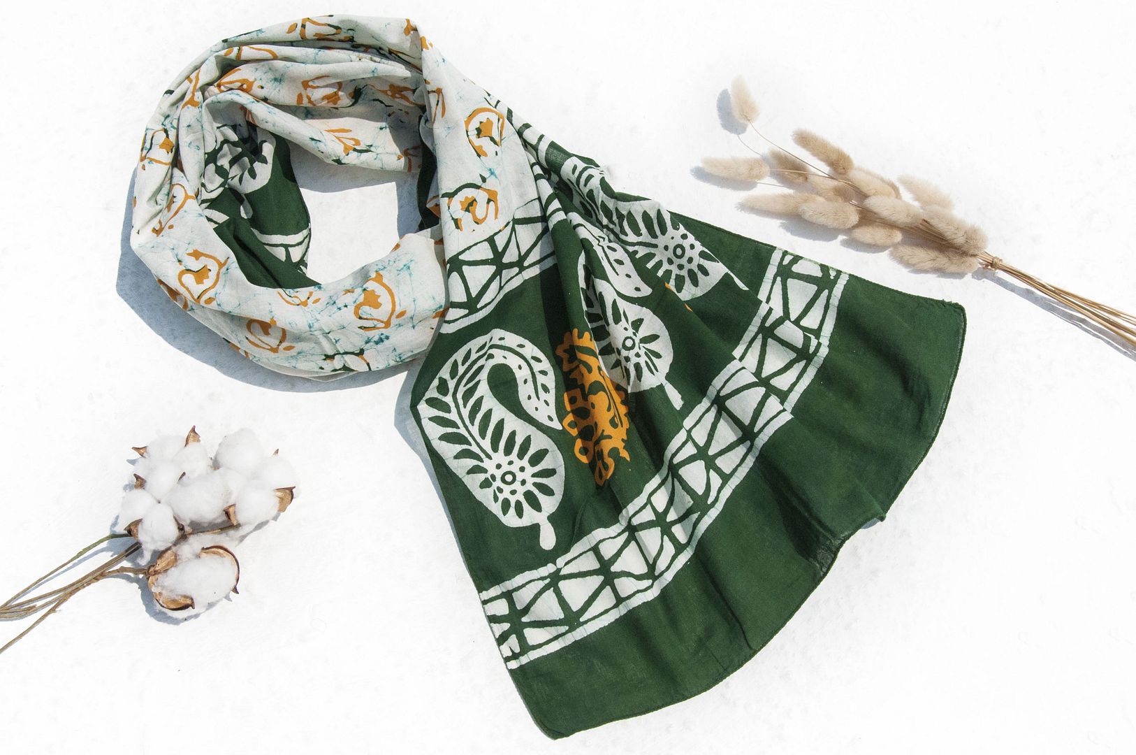 Plant dyed silk scarf/batik tie-dye silk scarf/vegetable dyed scarf/hand tie dyed pure cotton silk scarf-green flowers - Knit Scarves & Wraps - Cotton & Hemp Green