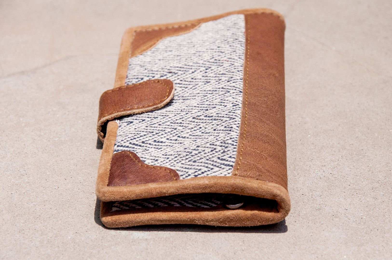 Handmade cotton and linen stitching leather long clip / long wallet / coin purse / woven wallet - plant dyed blue hill wallet - Wallets - Genuine Leather Blue