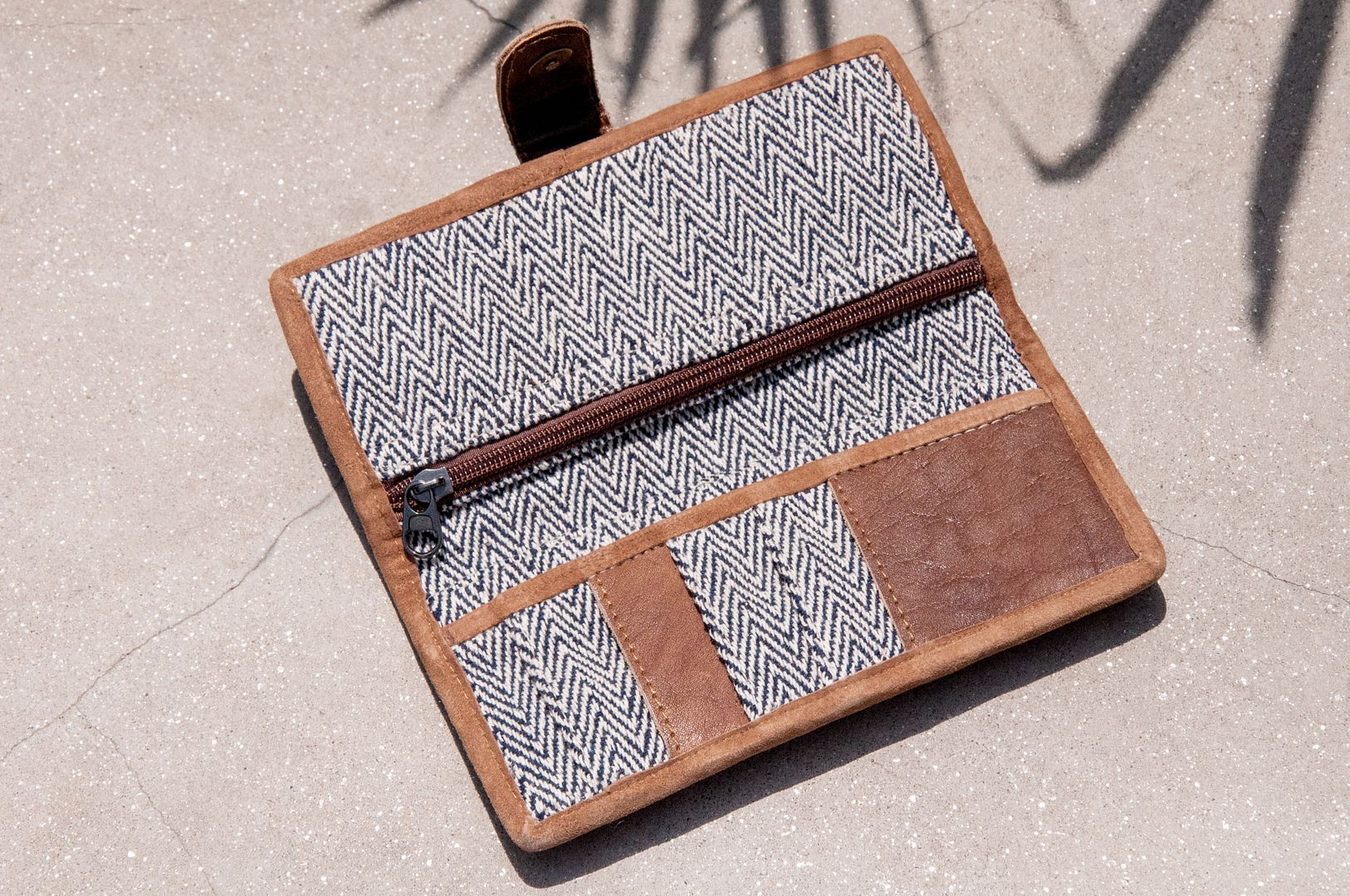 Handmade cotton and linen stitching leather long clip / long wallet / coin purse / woven wallet - plant dyed blue hill wallet - Wallets - Genuine Leather Blue
