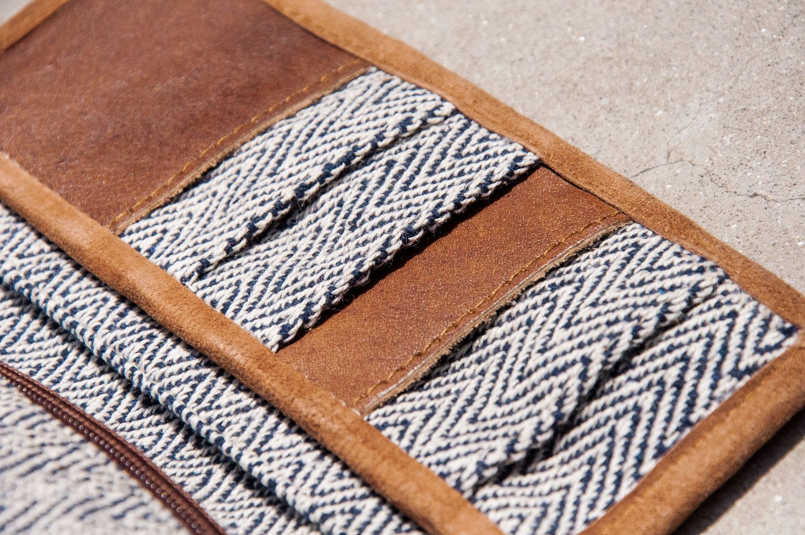 Handmade cotton and linen stitching leather long clip / long wallet / coin purse / woven wallet - plant dyed blue hill wallet - Wallets - Genuine Leather Blue