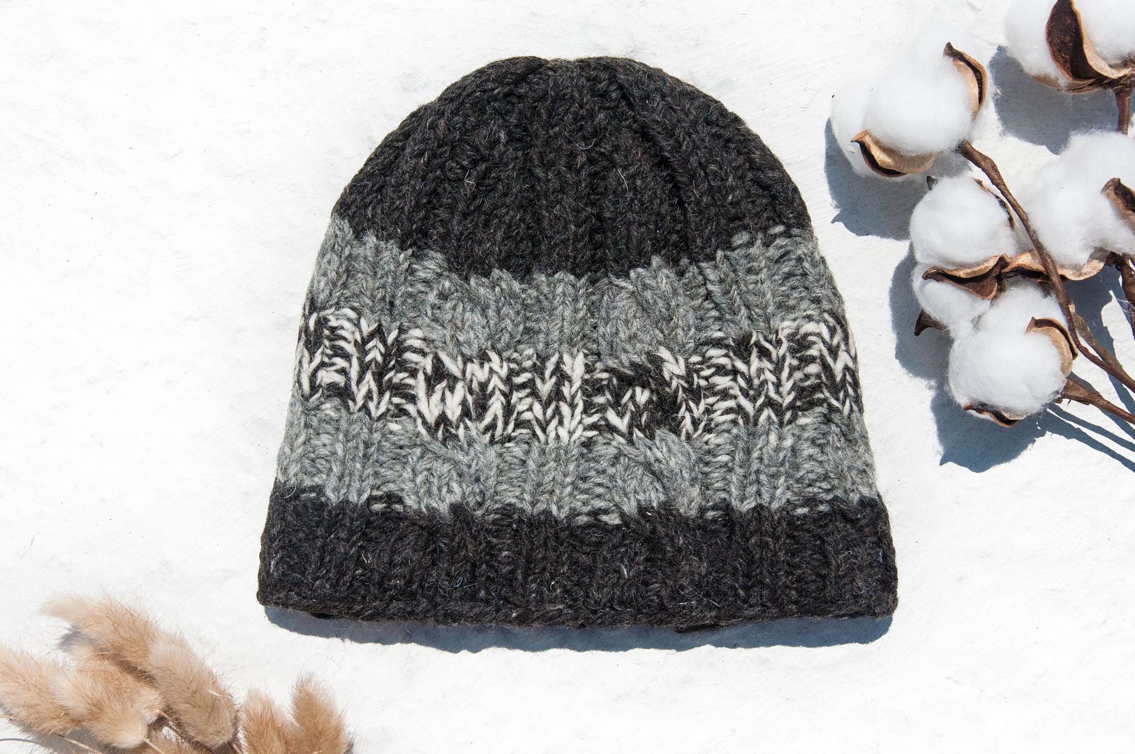 Hand-knitted pure wool hat/knitted hat/knitted woolen hat/inner bristles hand-knitted woolen hat/wool hat-stripes - Hats & Caps - Wool Gray